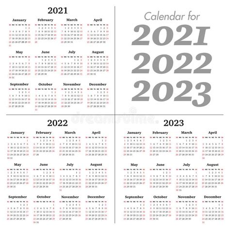 Vector Calendar For 2021 2022 2023 Years Week Starts Sunday Stock