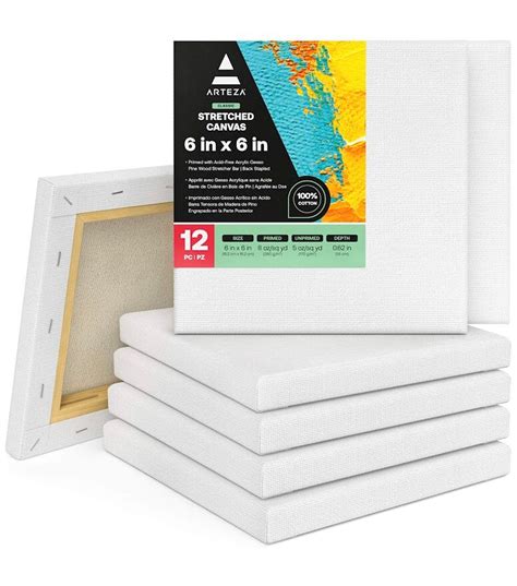 Arteza Stretched Canvas Classic White 6x6 Blank Canvas Boards For