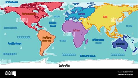 Mapa Mundial Con Nombres De Continentes Y Oc Anos Imagen Vector De Stock Alamy