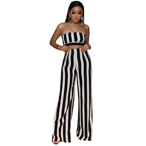black striped sexy two piece set summer women strapless crop top and wide leg pant suit clubwear