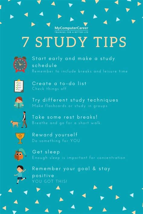 A Blue Poster With The Words 7 Study Tips In White And Gold Lettering On It