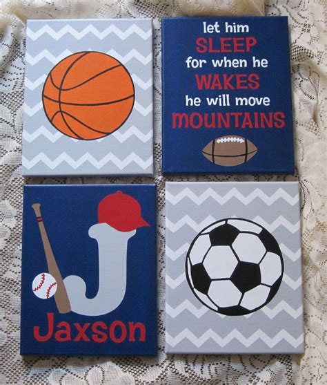 I wanted to continue with the vintage sports themed feel, so i kept a lot of the decor from their previous space and used it here, as well. Custom Painted Canvas Sports Theme Boy Nursery Wall Art ...