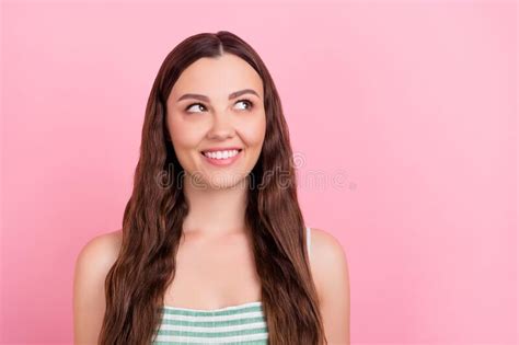 Photo Of Minded Inspired Cute Lady Look Empty Space White Smile Wear