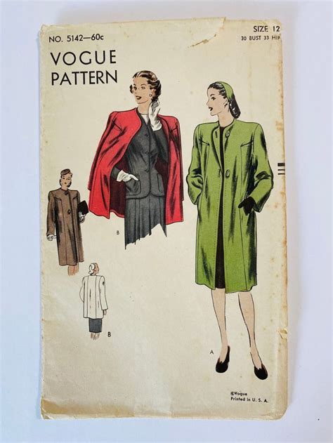 Vogue 5142 Bust 30 B30 Vintage 1940s Sewing Pattern Etsy Coat