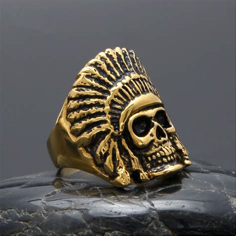 Brand Design Mens Stainless Steel Skull Ring Apache Knight 18k Gold