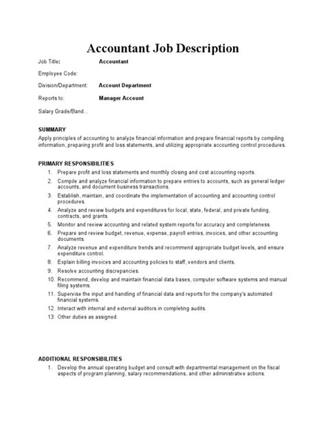Accountant Job Description Pdf Accounting Employment