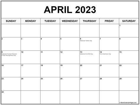 April 2023 With Holidays Calendar