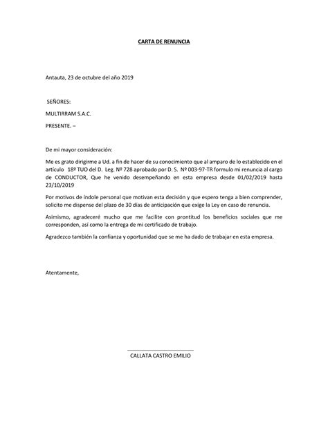 Carta De Renuncia Callata Castro Emilio