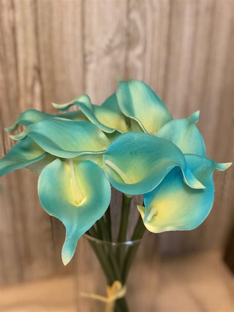 Real Touch Picasso Teal Blue Calla Lily Stems For Diy Etsy