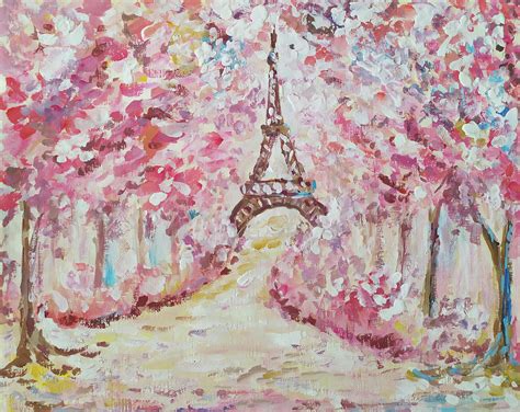 Eiffel Tower Original Painting Paris Art Work Cherry Blossom Art