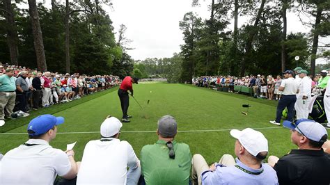 Masters Champion Tiger Woods Plays A Stroke From The No 7 Tee During
