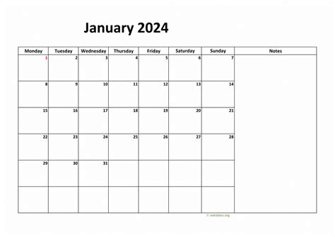 Calendar January 2024 United Kingdom