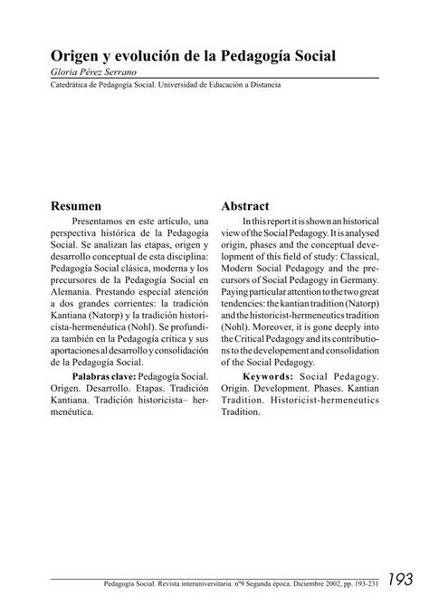 PDF Origen y evolución de la Pedagogía Social 193 Resumen