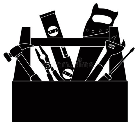Construction Tools In Tool Box Black And White Vector Illustration