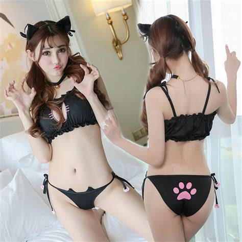 Japanese Cute Sexy Costume Neko Cat Keyhole Hollow Bra Briefs Bell Choker Collar Anime Cosplay