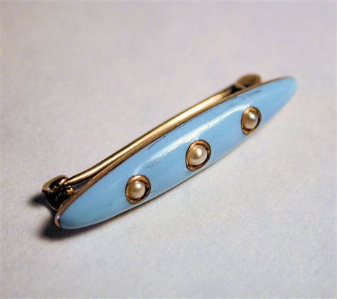 Victorian 10k Blue Enamel Bar Pin With 3 Seed Pearls Seed Pearl