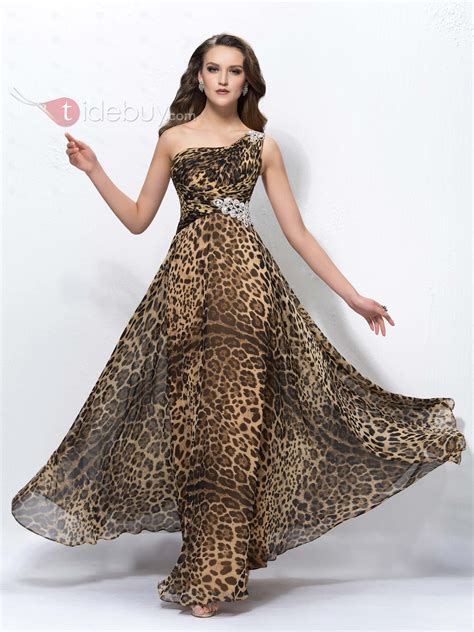Special A Line One Shoulder Leopard Print Crystal Floor Length Dress