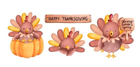 Premium Vector Watercolor Illustration Set Of Cute Thanksgiving Turkey
