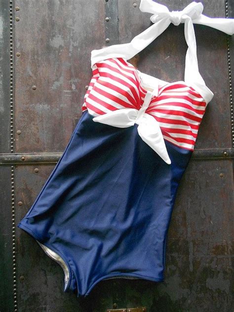 Pin Up Sailor Retro One Piece Swimsuit Made To By Reddollyswimwear