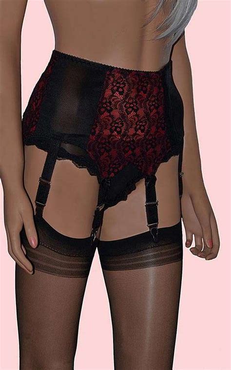 Vintage Style Black And Red 6 Strap Suspender Belt With Lace