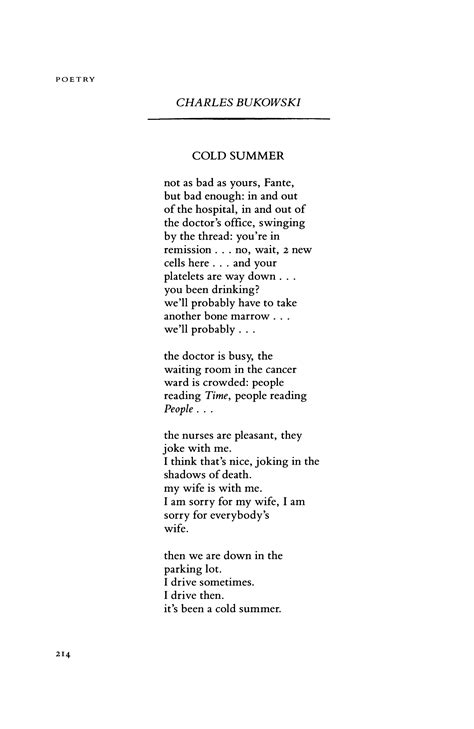 Cold Summer By Charles Bukowski Poetry Magazine Charles Bukowski