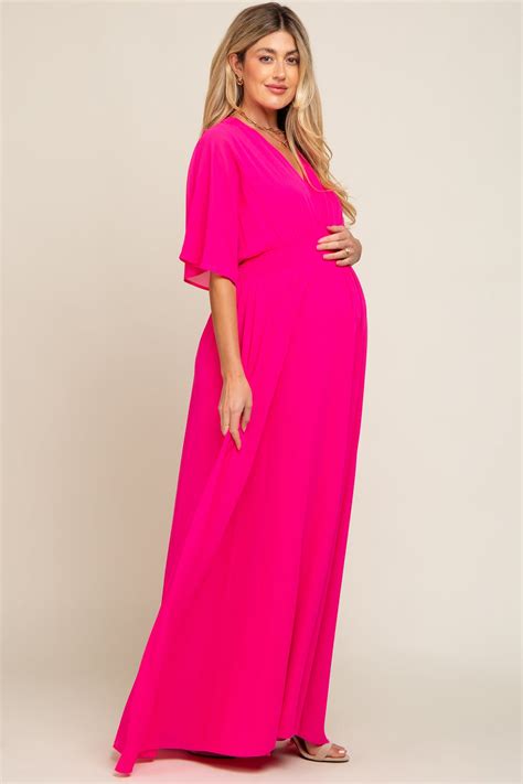fuchsia chiffon v neck smocked waist maternity maxi dress pinkblush
