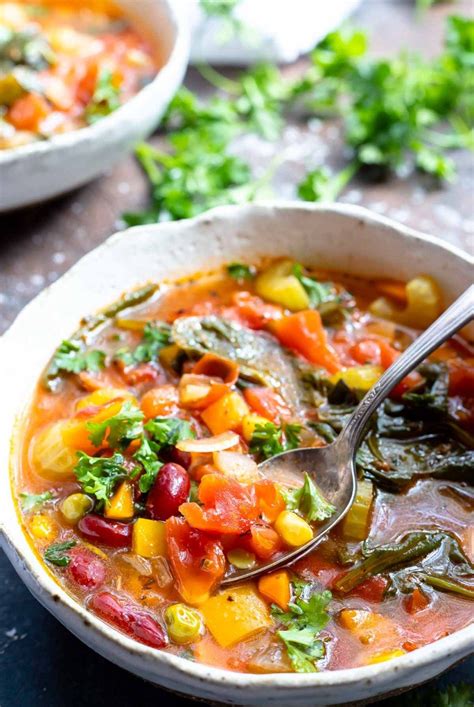 Easy Vegetable Soup In White Bowl With Spoon Easy Vegetable Soup