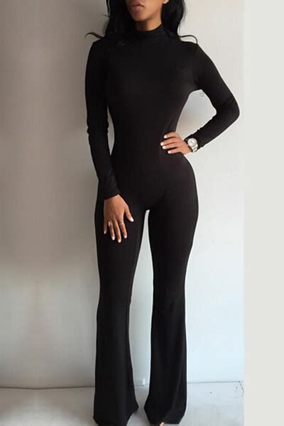 Fashion Turtleneck Long Sleeves Black Cotton Blend One Piece Jumpsuit