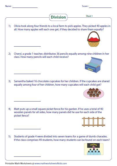 4th grade multiplication and division. Division Word Problem Worksheet Grade 1