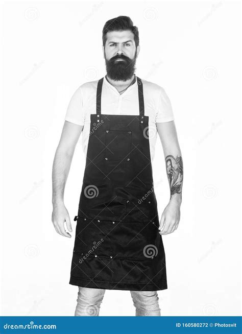 Waiter Or Bartender Ready Serve Drink Bearded Hipster Wear Apron Man Cook Brutal Hipster