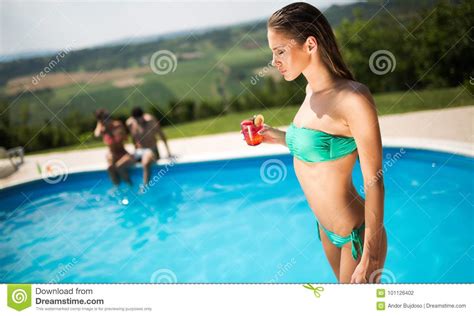 Beautiful Woman Drinking Cocktail At Pool Stock Photo Image Of Hotel