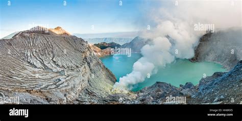 Volcano Kawah Ijen Volcanic Craters With Crater Lake And Steaming
