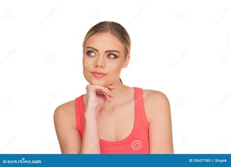 Portrait Of A Pensive Woman On A White Background Stock Photo Image
