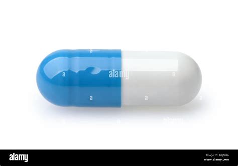 Side View Of Single Blue And White Medical Capsule Isolated On White