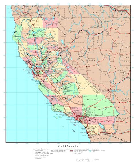 Large Detailed Administrative Map Of California State With Roads