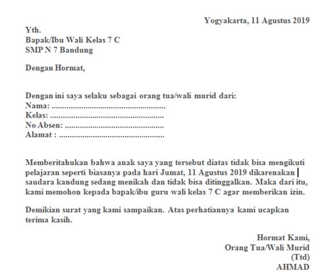 Contoh Surat Izin Tidak Masuk Sekolah