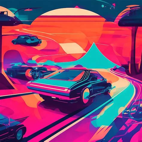 Premium Ai Image 80s Style Illustration With Car Driving Into Sunset