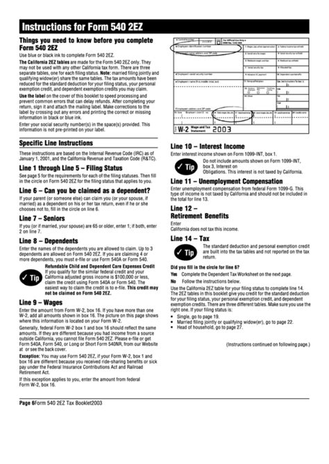 Instructions For Form 540 2ez California Resident Income Tax Return
