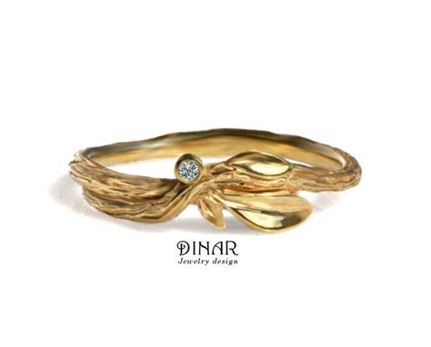 14k Leaf Twig Gold Wedding Ring Leaves Branch Diamond Dainty Etsy