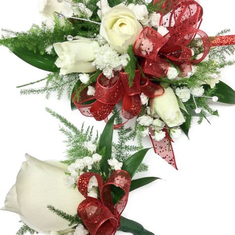 Wrist Corsage And Bout Ivory Spray Roses W Red Boulevard Flower Gardens