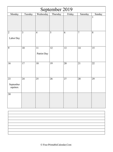 September 2019 Editable Calendar With Notes