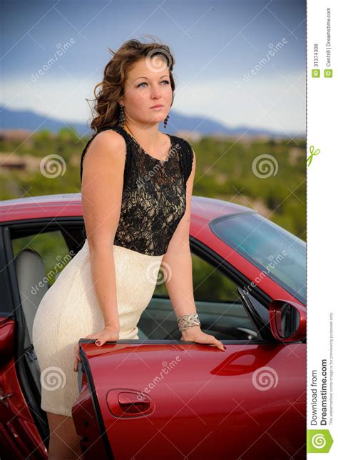Beautiful Woman Leaning On Car Door Stock Photo Image Of