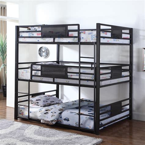 The bed includes a longer ladder than the common bunk bed. Coaster Bunks Metal Full Triple Bunk | Value City Furniture | Bunk Beds