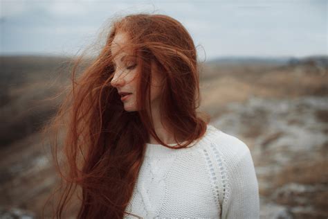 Wallpaper Model Redhead Long Hair Hair In Face Portrait White