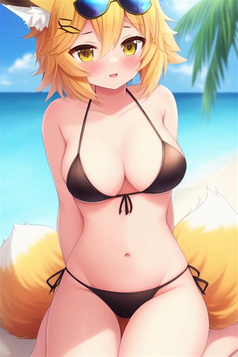 Rule 34 Ai Generated Beach Big Breasts Bikini Blonde Hair Blush Breasts Fox Ears Fox Girl Fox