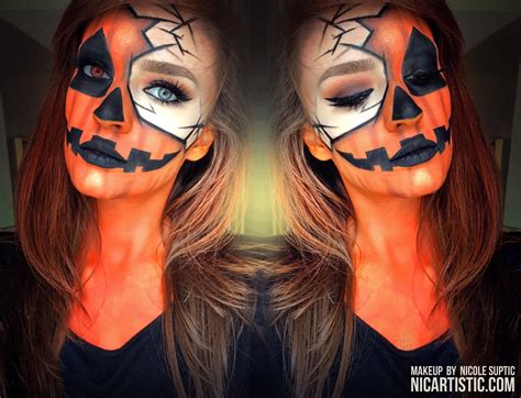 Dark Orange Pumpkin Half Face Cracked Halloween Makeup