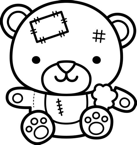 A Black And White Drawing Of A Teddy Bear With Stitches On Its Face Sitting Down