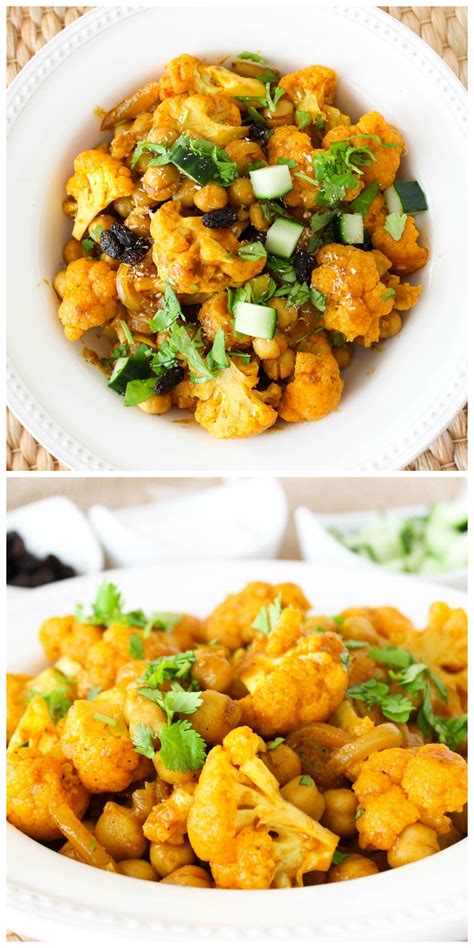 Easy Chickpea And Cauliflower Curry Topped With Raisins Coconut And