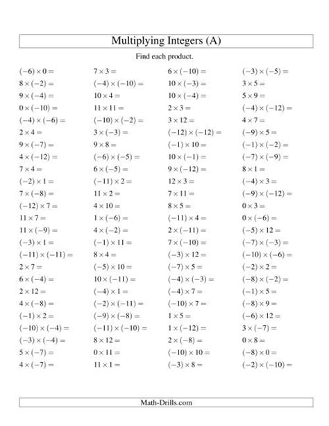 Multiplying Integers Mixed Signs Range 12 To 12 A