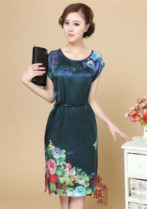 Fantastic Flowers Print Oriental Style Dress Dark Blue Qipao